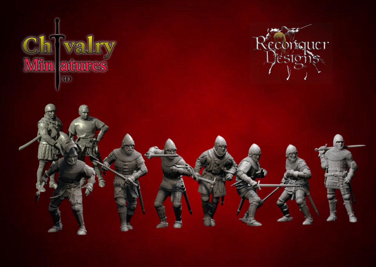 Dismounted Men At Arms with Sqire 14th-15th century, Historical 1/72, 28mm, 32mm, 1/35, 54mm, 75mm, 1/16, Reconquer Designs