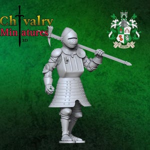 May include: A gray plastic miniature of a knight in full armor holding a weapon over their shoulder. The knight is standing on a base. The miniature is part of a set of miniatures called "Chivalry Miniatures 3D".