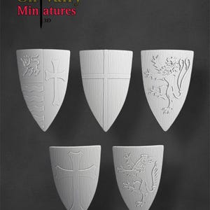 Lot de 5 boucliers médiévaux, historique 1/72, 28 mm, 32 mm, 1/35, 54 mm, 75 mm, 1/16 Miniatures en résine pour les croisades dans le Nord