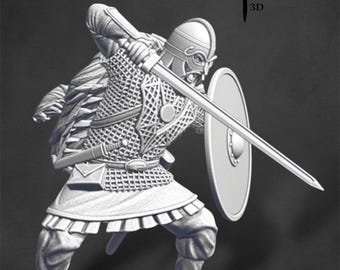 May include: A white 3D printed miniature of a Viking warrior holding a sword and shield. The warrior is wearing chainmail armor and a helmet with a horned crest. The miniature is posed in a fighting stance. The text "Chivalry Miniatures 3D" is visible in the background.
