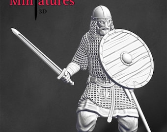 May include: A white 3D printed miniature of a Viking warrior wearing chainmail armor, a helmet, and holding a sword and shield. The miniature is posed in a fighting stance. The text "Chivalry Miniatures 3D" is visible in the background.