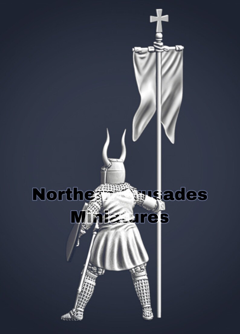 May include: A white metal miniature of a crusader knight holding a sword and shield, standing next to a white flag with a cross on top. The miniature is wearing chainmail armor and a helmet with horns. The text "Northern Crusades Miniatures" is visible in the background.