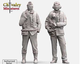 May include: Two gray miniature figures of men in vintage flight jackets and pants. One figure is holding a small dog. The figures are part of a 3D miniature collection. The text "Chivalry Miniatures 3D" is visible.