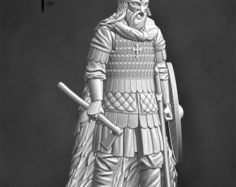 Könnte beinhalten: Graustufen 3D-Miniatur eines mittelalterlichen Ritters in voller Rüstung, der eine Streitaxt und einen Speer hält, mit einem Schild an seiner Seite. Die Figur trägt einen Helm und einen Umhang. Der Text "Chivalry Miniatures 3D" befindet sich oben links.