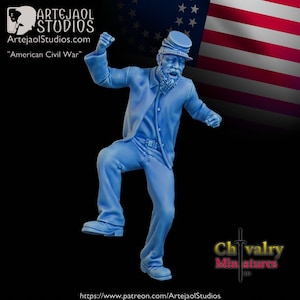 May include: A blue painted miniature figurine of a Union soldier from the American Civil War, wearing a hat and a beard, with his arms raised in a celebratory pose. The figurine is standing in front of an American flag.