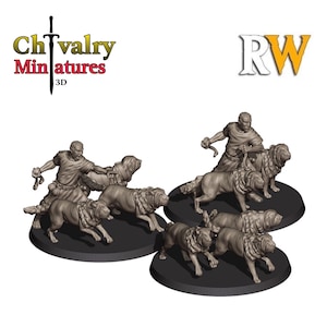 Puede incluir: Un conjunto de cinco figuras en miniatura impresas en 3D que representan a un hombre con un perro. El hombre lleva una túnica y sostiene una correa. Los perros son de diferentes razas y están en varias poses. Las miniaturas están pintadas con un estilo realista y están listas para ser utilizadas en juegos de mesa.