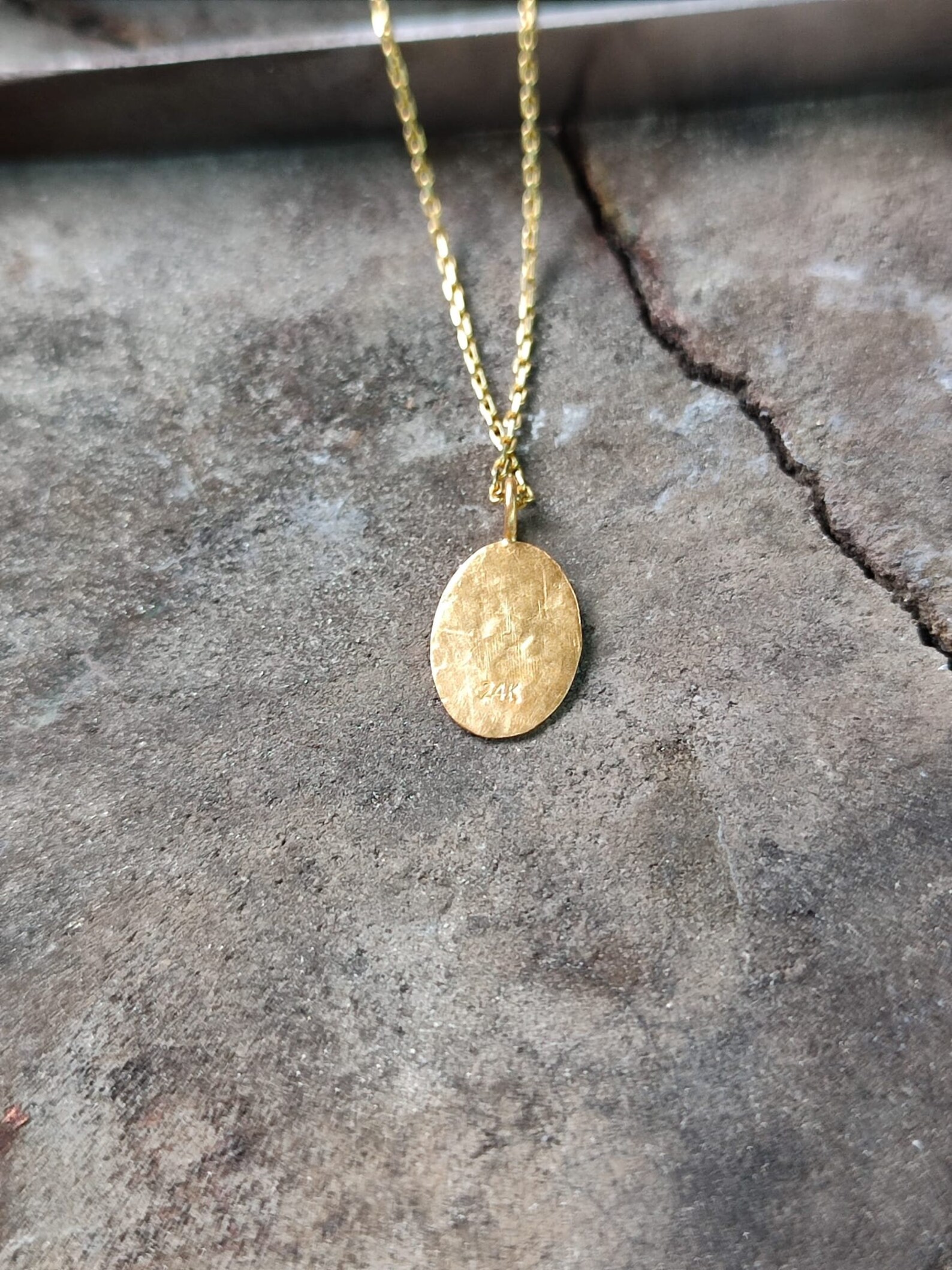 24K Gold Pendant Necklace Solid Gold Disc Pendant Rustic Etsy