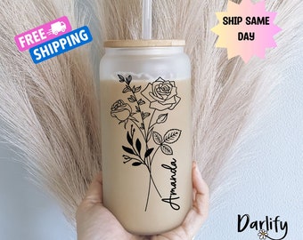 Personalized Birth Flower Coffee Cup With Name ,Personalized Birth Flower Tumbler, Bridesmaid Proposal, Gifts for Her, Party Favor.