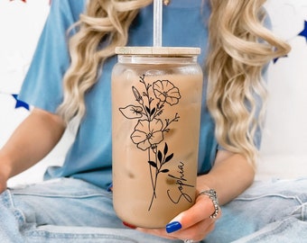 Personalized Birth Flower Coffee Cup With Name ,Christmas Gift, Personalized Birth Flower Tumbler, Bridesmaid Proposal, Gifts for Her.