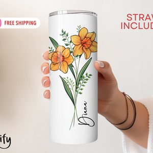 Personalized Birth Flower Skinny Tumbler With Name, Birth Flower Coffee Cup With Lid Straw, Bridesmaid Proposal, Personalized Tumbler image 1