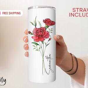 Personalized Birth Flower Skinny Tumbler With Name, Birth Flower Coffee Cup With Lid Straw, Bridesmaid Proposal, Personalized Tumbler image 2