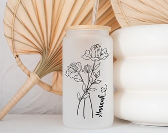 Wildflower Personalized Iced Coffee Cup, Floral Glass Can With Lid Straw, 16oz Glass Cup, Party Favor, Floral Can Glass, Mother Day Gifts.