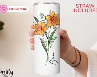 Personalized Birth Flower Skinny Tumbler With Name, Birth Flower Coffee Cup With Lid Straw, Bridesmaid Proposal, Personalized Tumbler