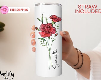 Personalized Birth Flower Skinny Tumbler With Name, Birth Flower Coffee Cup With Lid Straw, Bridesmaid Proposal, Personalized Tumbler