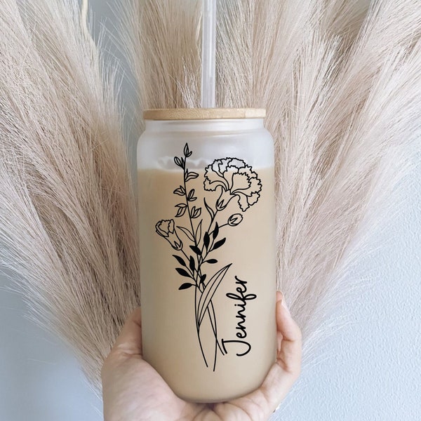 Personalized Birth Flower Glass Can, 16oz Frosted Tumbler with Lid & Straw