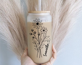 Wildflower Personalized Iced Coffee Cup, Floral Glass Can With Lid Straw, 16oz Glass Cup, Party Favor, Floral Can Glass, Mother Day Gifts