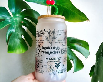 Custom Name Boho Daily Reminders Iced Coffee Cup, Mental Health Gift, , Gift For Her, Anxiety Relief, Birthday Gift, Motivation Can Glass.