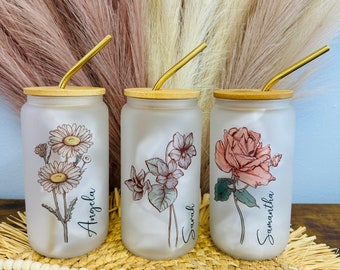 Personalized Birth Flower Glass Can, Bamboo Lid, Bridesmaid Proposal