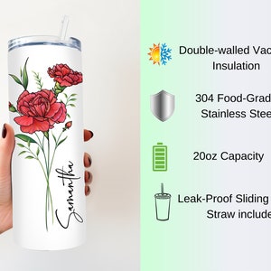 Personalized Birth Flower Skinny Tumbler With Name, Birth Flower Coffee Cup With Lid Straw, Bridesmaid Proposal, Personalized Tumbler image 5