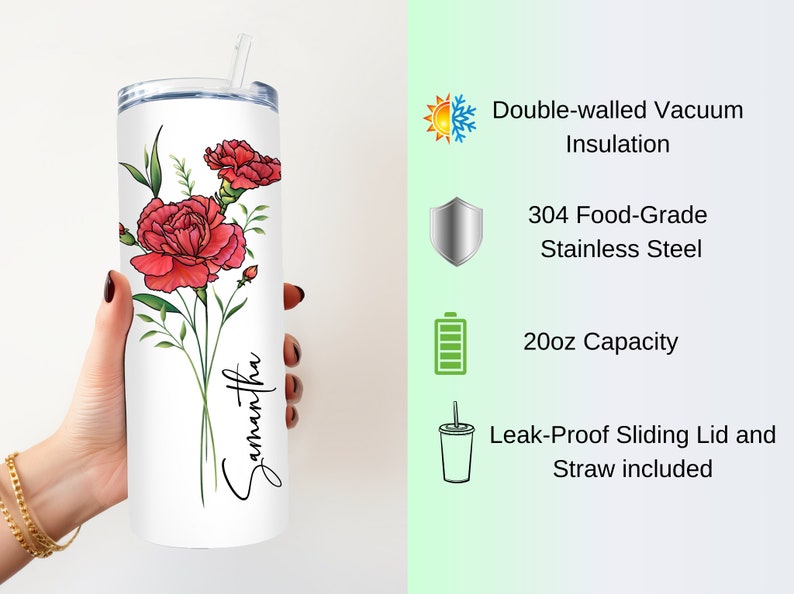 Personalized Birth Flower Skinny Tumbler With Name, Birth Flower Coffee Cup With Lid Straw, Bridesmaid Proposal, Personalized Tumbler image 5