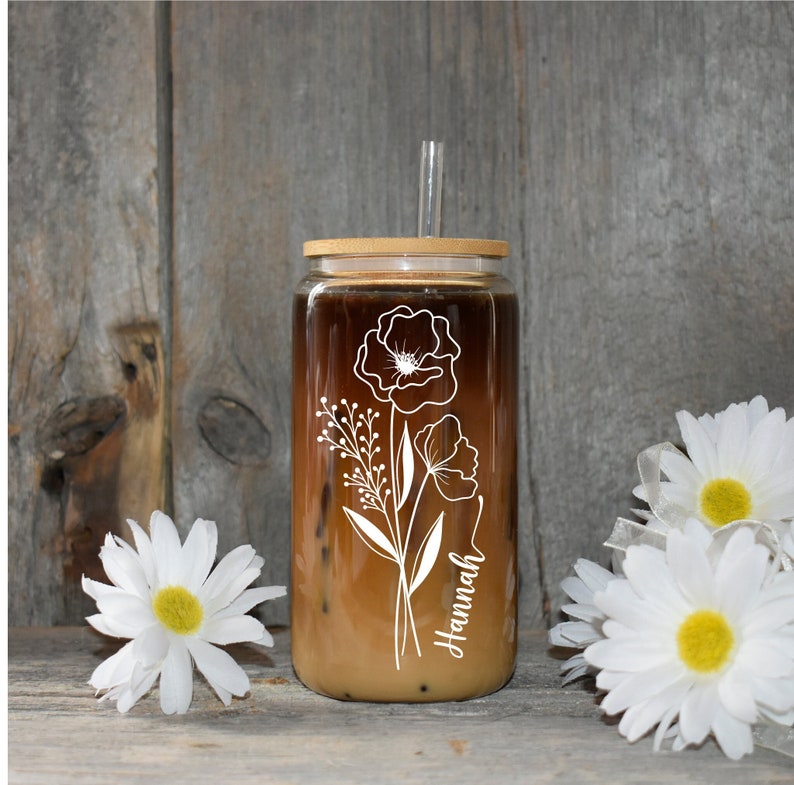 Wildflower Personalized Iced Coffee Cup Floral Glass Can With Etsy