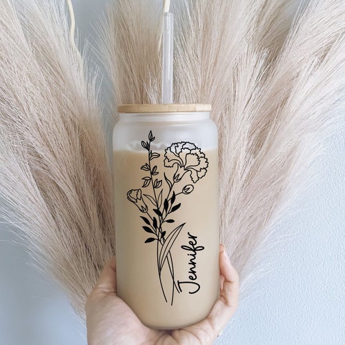 Personalized Birth Flower Glass Can, 16oz Frosted Tumbler with Lid & Straw
