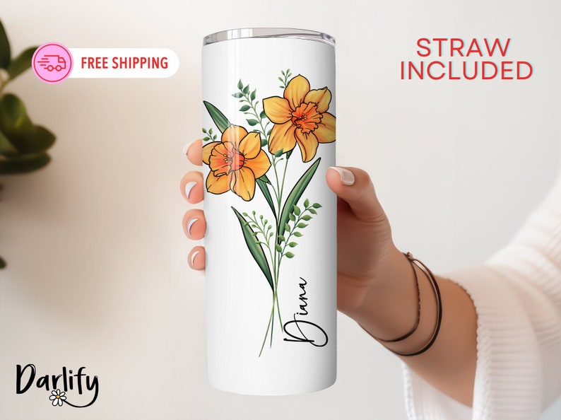 Personalized Birth Flower Skinny Tumbler With Name, Birth Flower Coffee Cup With Lid Straw, Bridesmaid Proposal, Personalized Tumbler image 1