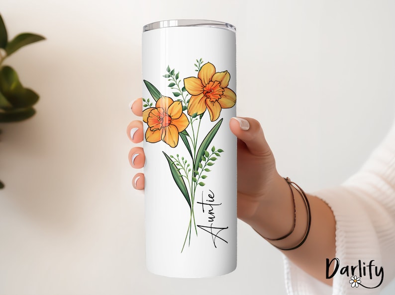 Personalized Birth Flower Skinny Tumbler With Name, Birth Flower Coffee Cup With Lid Straw, Bridesmaid Proposal, Personalized Tumbler image 4