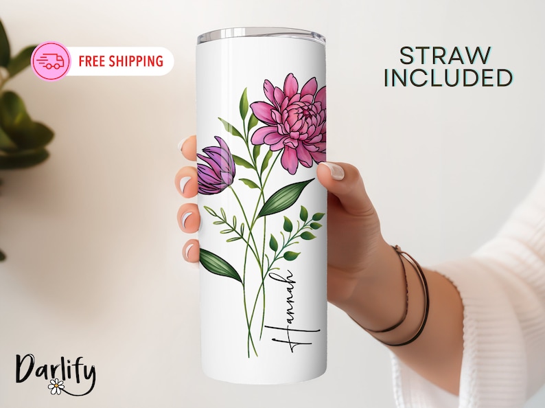 Personalized Birth Flower Skinny Tumbler With Name, Birth Flower Coffee Cup With Lid Straw, Bridesmaid Proposal, Personalized Tumbler image 2