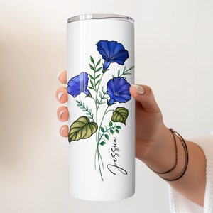 Personalized Birth Flower Skinny Tumbler With Name, Birth Flower Coffee Cup With Lid Straw, Bridesmaid Proposal, Personalized Tumbler image 5