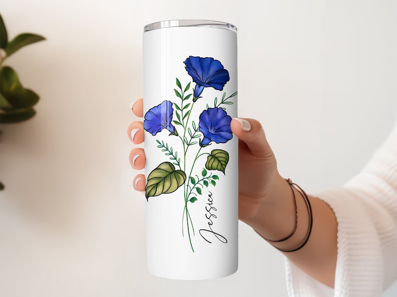 Personalized Birth Flower Skinny Tumbler With Name, Birth Flower Coffee Cup With Lid Straw, Bridesmaid Proposal, Personalized Tumbler image 4