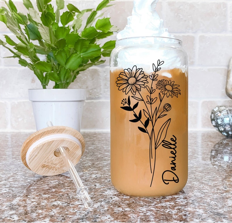 Personalized Birth Flower Coffee Cup With Name ,Personalized Birth Flower Tumbler, Bridesmaid Proposal, Gifts for Her, Glass Mugs immagine 3