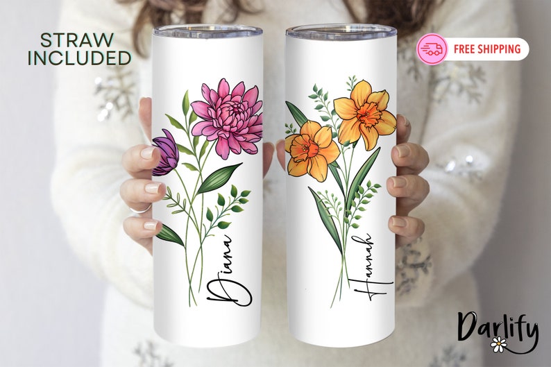Personalized Birth Flower Skinny Tumbler With Name, Birth Flower Coffee Cup With Lid Straw, Bridesmaid Proposal, Personalized Tumbler image 9
