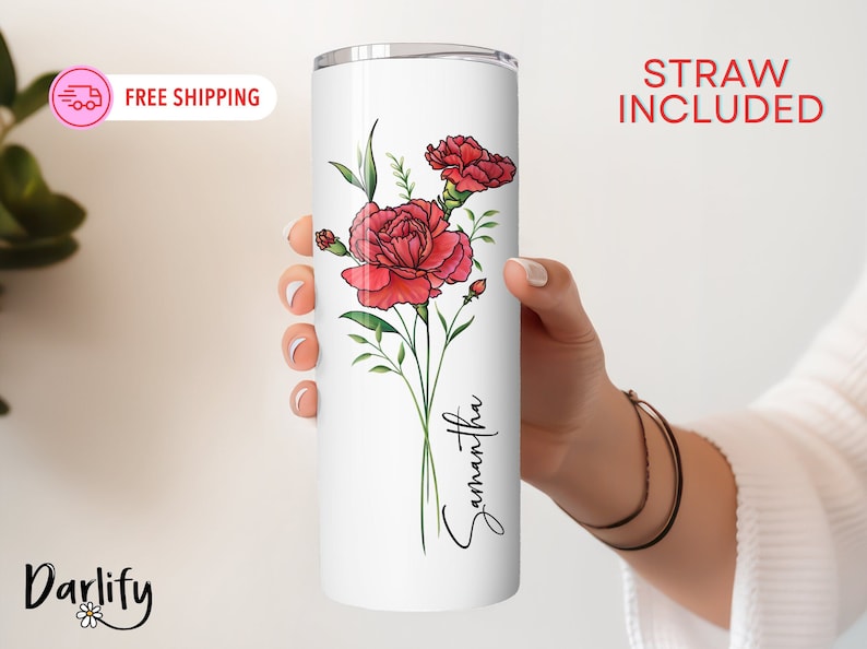 Personalized Birth Flower Skinny Tumbler With Name, Birth Flower Coffee Cup With Lid Straw, Bridesmaid Proposal, Personalized Tumbler image 1