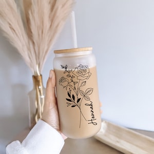 Personalized Birth Flower Coffee Cup With Name ,Personalized Birth Flower Tumbler, Bridesmaid Proposal, Gifts for Her, Glass Mugs immagine 6