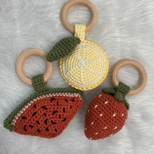 Baby Teether Rattle Crochet Baby gift Fruit childrens toy Boho Rainbow