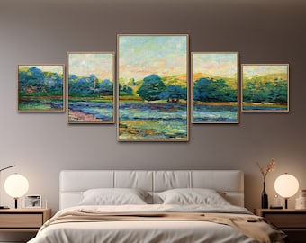5 Piece Framed Canvas Wall Art Set, Landscape Wall Art Rustic Landscape Oil Painting Large Wall Art Print, Landscape Wall Decor Vintage Art.