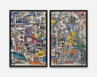 Abstract Art - New York City; Bird’s Eye View (1920) by Joaquín Torres-García- 1 or 2 Panel Framed Canvas Print, 24x36/24x24/16x24/16x16 in.