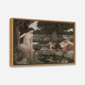 Echo And Narcissus (1903) by John William Waterhouse - Vintage Wall Art Print- 1 or 2 Panel Framed Canvas Print, 24x36/24x24/16x24/16x16 in.