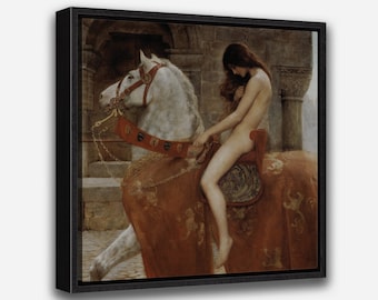 FAMOUS PAINTING - Lady Godiva (1897) by John Collier - Vintage Wall Art Print- 1 or 2 Panel Framed Canvas Print, 24x36/24x24/16x24/16x16 in.