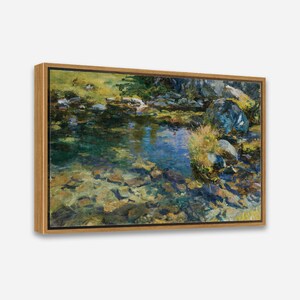 May include: A painting of a stream with clear, blue water flowing over rocks. The water is reflecting the sky and trees. The stream is surrounded by green grass and trees.