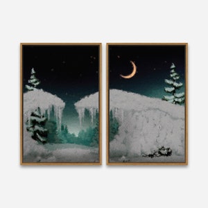 Vintage Art Print - Winter Night Forest Moon Art - 1 or 2 Panel Framed Canvas Print, 24 x 36 / 24 x 24 / 16 x 24 / 16 x 16 inch - Artcity6