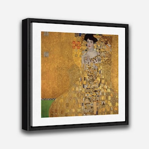 May include: A painting of a woman in a gold dress with a geometric pattern. The background is a solid gold color.