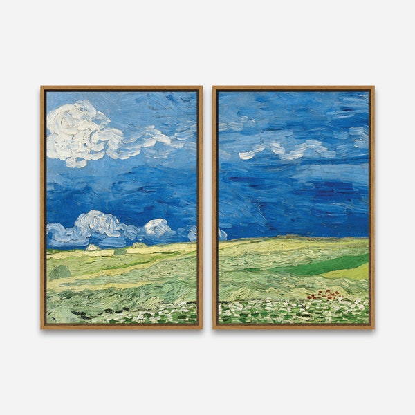 VAN GOGH PAINTING, Wheatfield Under Thunderclouds (1890) - Wall Art Print - 1 or 2 Panel Framed Canvas Print, 24x36/24x24/16x24/16x16 inch