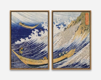 Modern Wall Art Vintage Art Print - Ocean Waves by Katsushika Hokusai - 1 or 2 Panel Framed Canvas Print, 24x36 / 24x24 / 16x24 / 16x16 inch