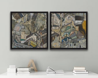 Mödling II (1918) by Egon Schiele - Abstract Modern Art Print- 1 or 2 Panel Framed Canvas Print, 24x36 / 24x24 / 16x24 / 16x16 inch