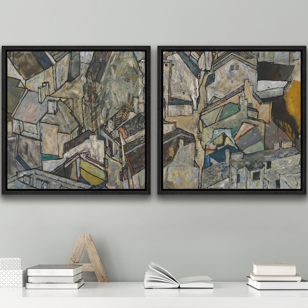 Mödling II (1918) by Egon Schiele - Abstract Modern Art Print- 1 or 2 Panel Framed Canvas Print, 24x36 / 24x24 / 16x24 / 16x16 inch