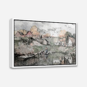 Vintage Art Print - Village au bord d’un lac en Russie (1924) by Georgy Alexandrovich Lapchine, Framed Canvas Print, Multiple Size Available