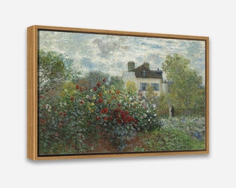 A Corner of the Garden with Dahlias by Claude Monet - Vintage Art Print - 1 or 2 Panel Framed Canvas Print, 24x36/ 24x24/ 16x24/ 16x16 inch