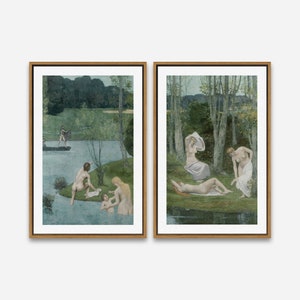 Vintage Art - Naked Women, Summer (1891) by Pierre Puvis de Chavannes - 1 or 2 Panel Framed Canvas Print -24x36 / 24x24 / 16x24 / 16x16 inch